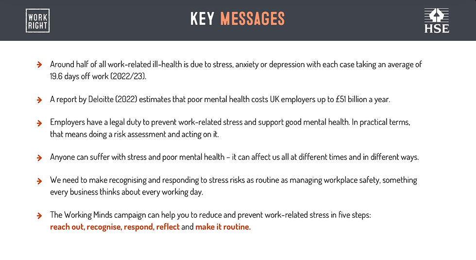HSE Working Minds slide showing key messages: stress causes around half of work-related ill-health and costs employers billions. Employers must assess and manage stress using the 5 Rs.