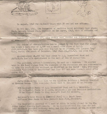 Letter outlining history of 1st Regiment Maritime Royal Artillery