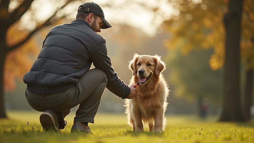 Eye-level view of a dog trainer working with a golden retriever in a park