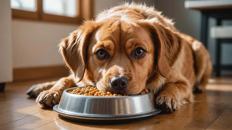 A dog lying protectively over its food bowl