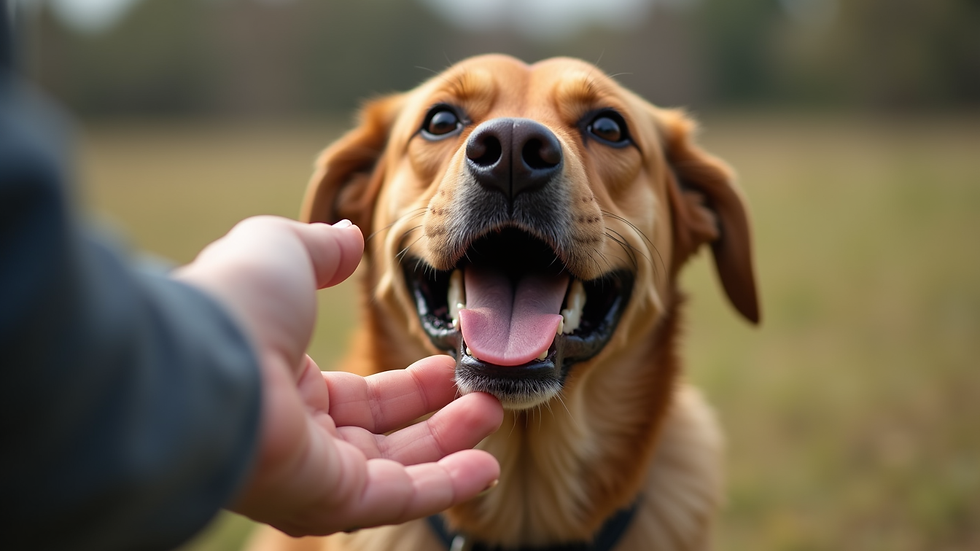 Close-up view of a dog responding to a hand signal during training