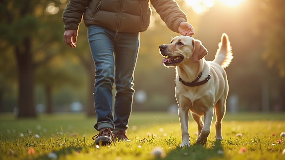 Eye-level view of a dog trainer working with a Labrador in a park