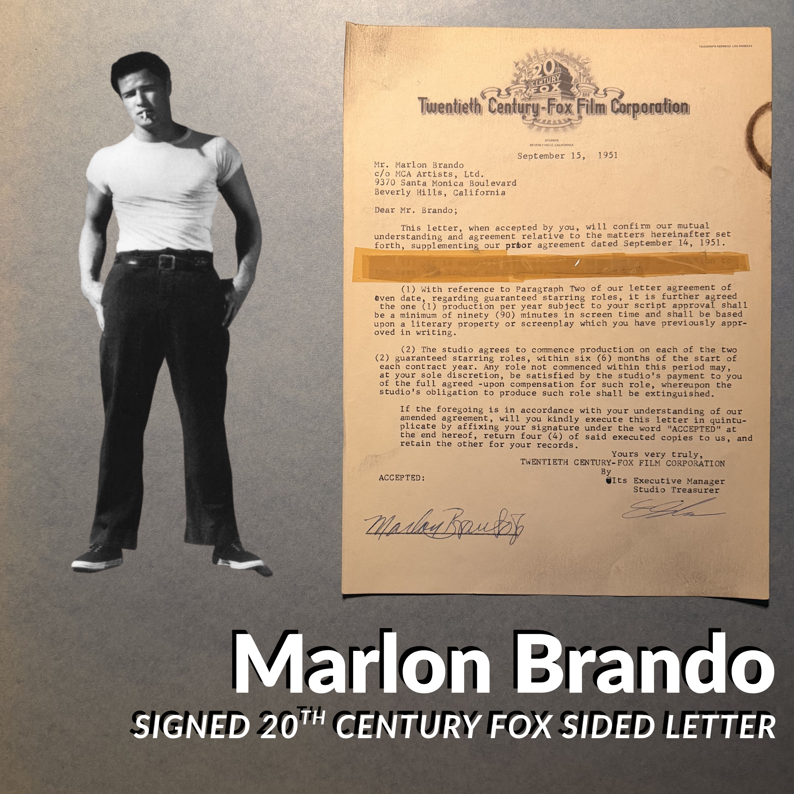 Marlon Brando 1951 Signed Addendum 20th Century-Fox Deal Hollywood
