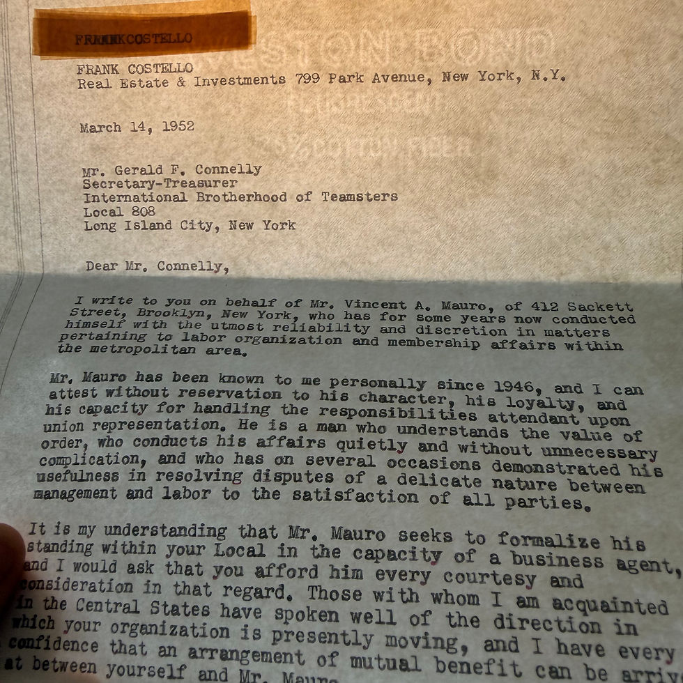 Thumbnail: Frank Costello Signed Union Letter of Recommendation 1952 Teamsters Mafia Mob
