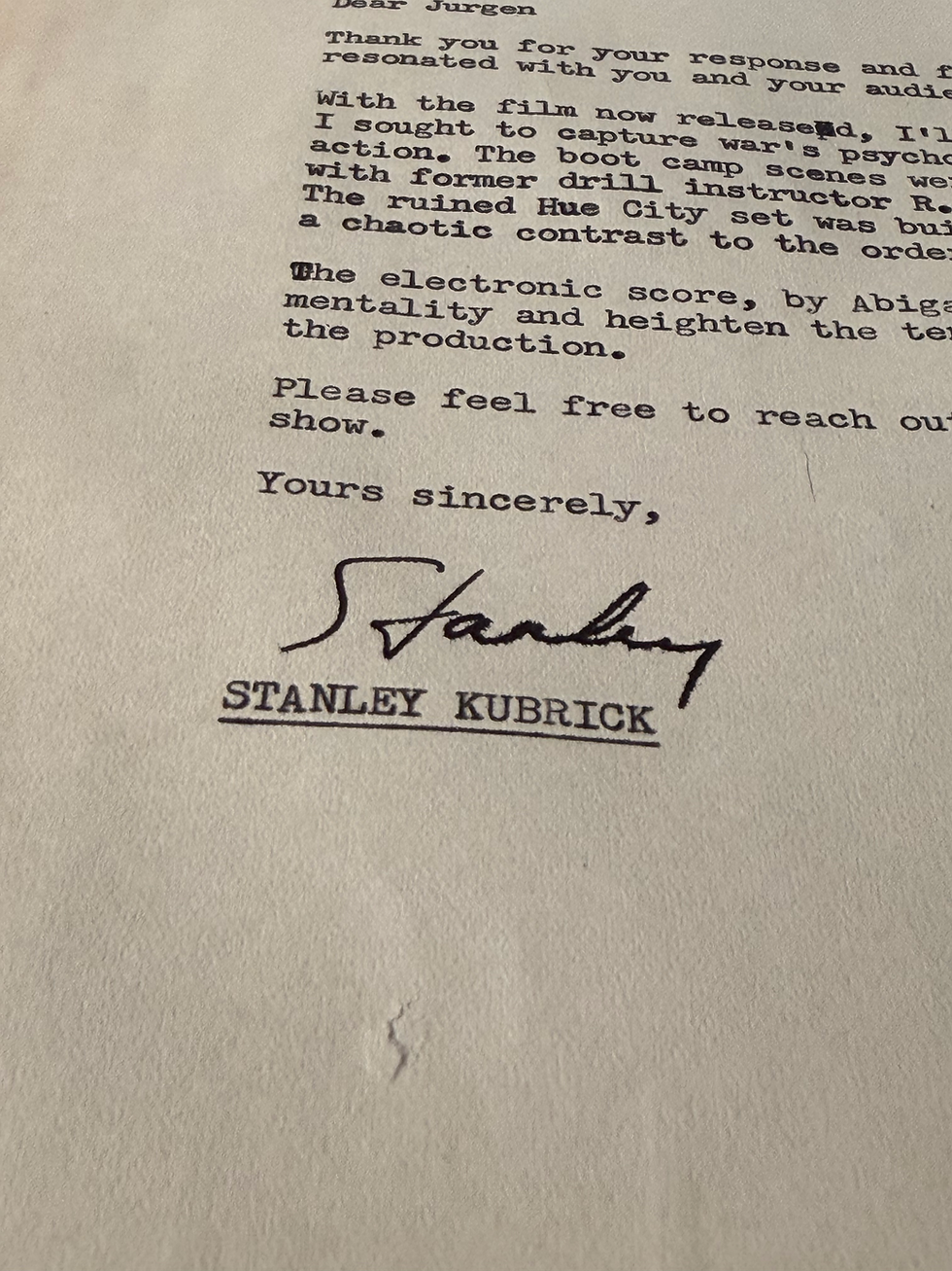 Thumbnail: Stanley Kubrick 1987 Signed Typewritten Letter Full Metal Jacket Autograph