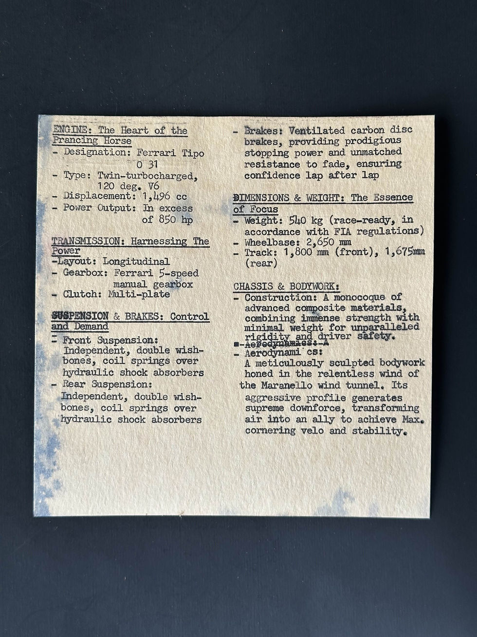 Thumbnail: Enzo Ferrari Signed 1985 Technical Specifications 156/85 Formula One Rac