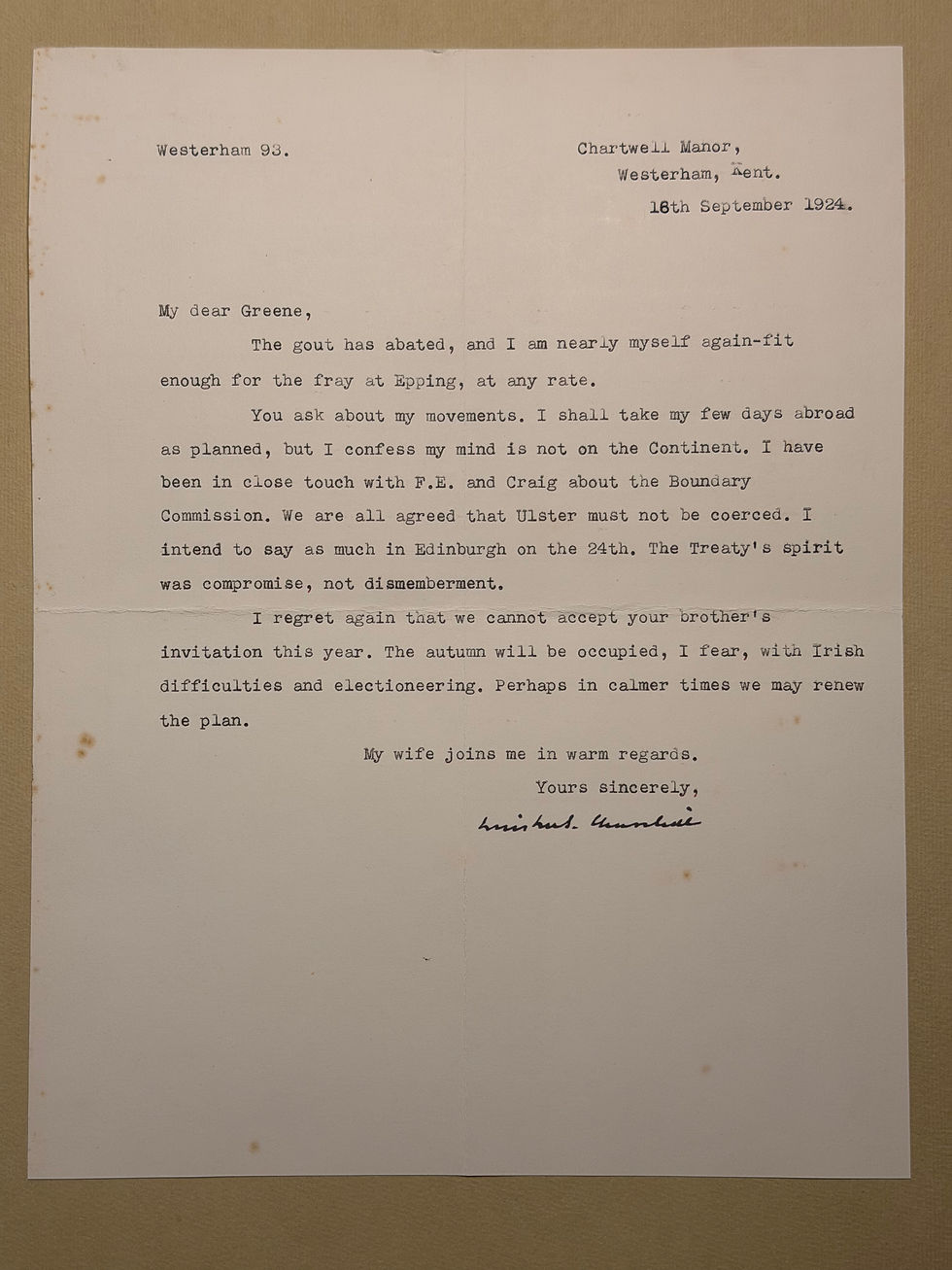 Thumbnail: 1924 Winston Churchill Signed Letter on Irish Border & Epping Election Autograph