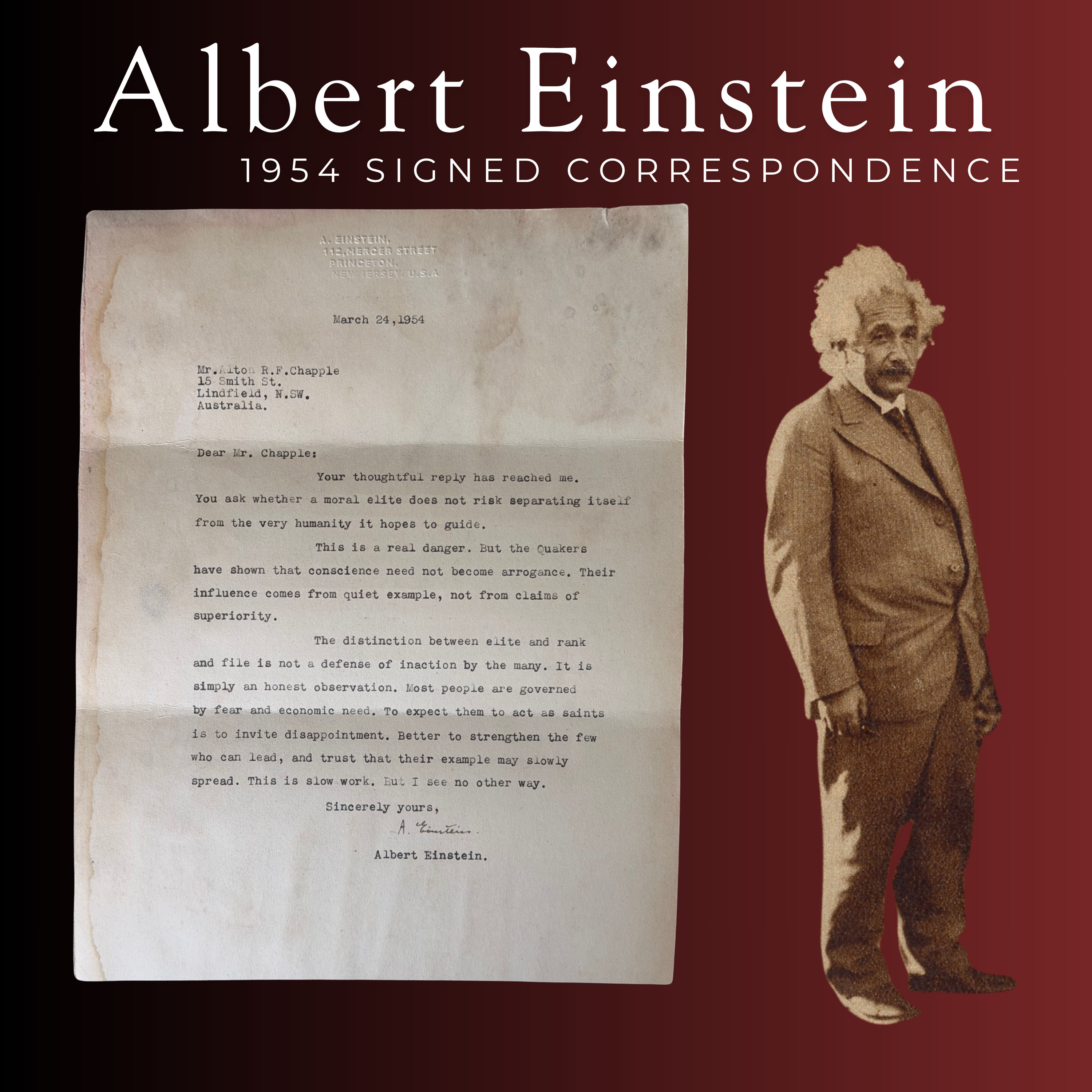 Albert Einstein Typed Letter Signed -- 1954 Princeton Correspondence RF Chapple