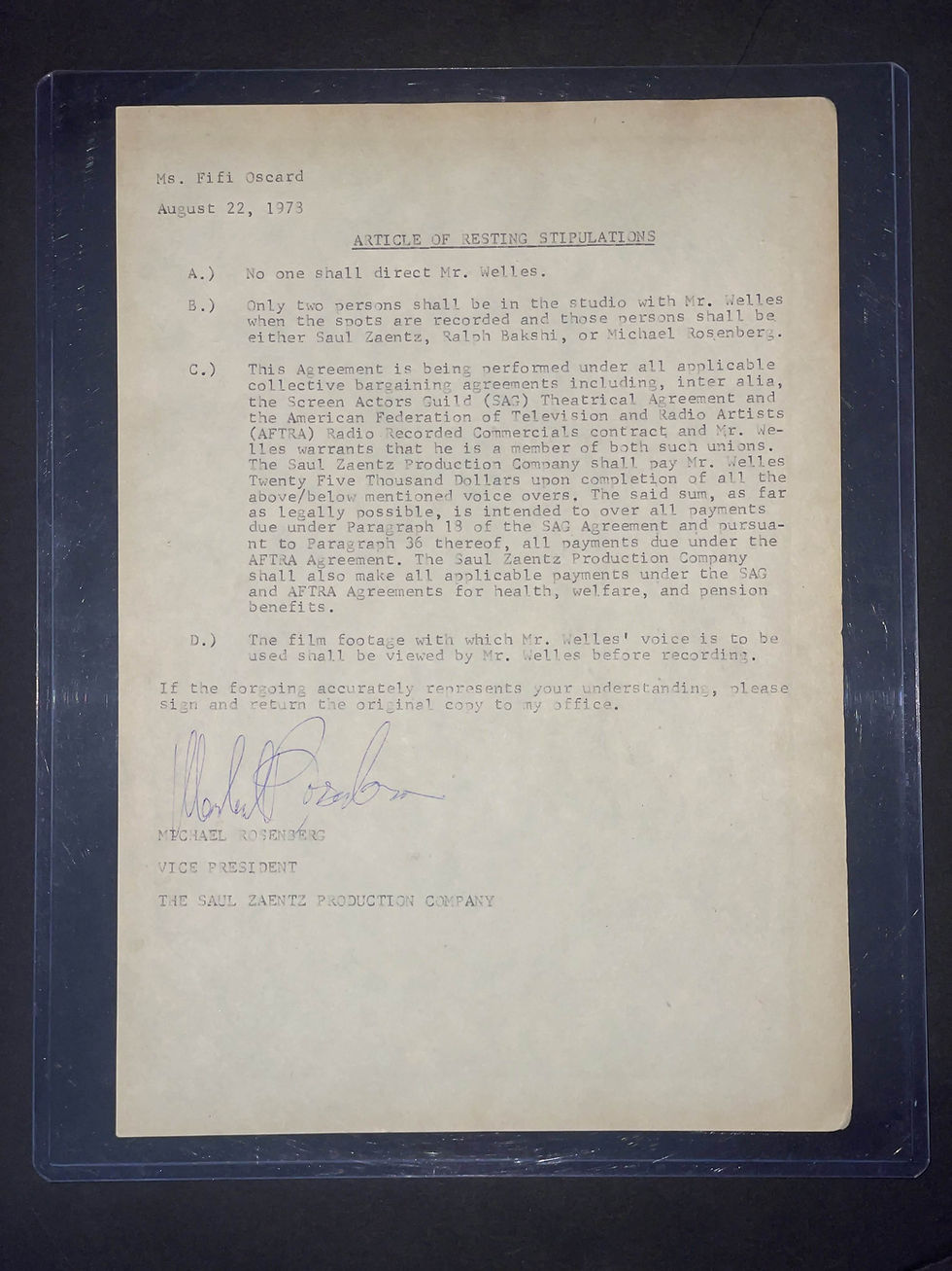 Thumbnail: Orson Welles Signed Lord of the Rings (1978) Voice Over Contract
