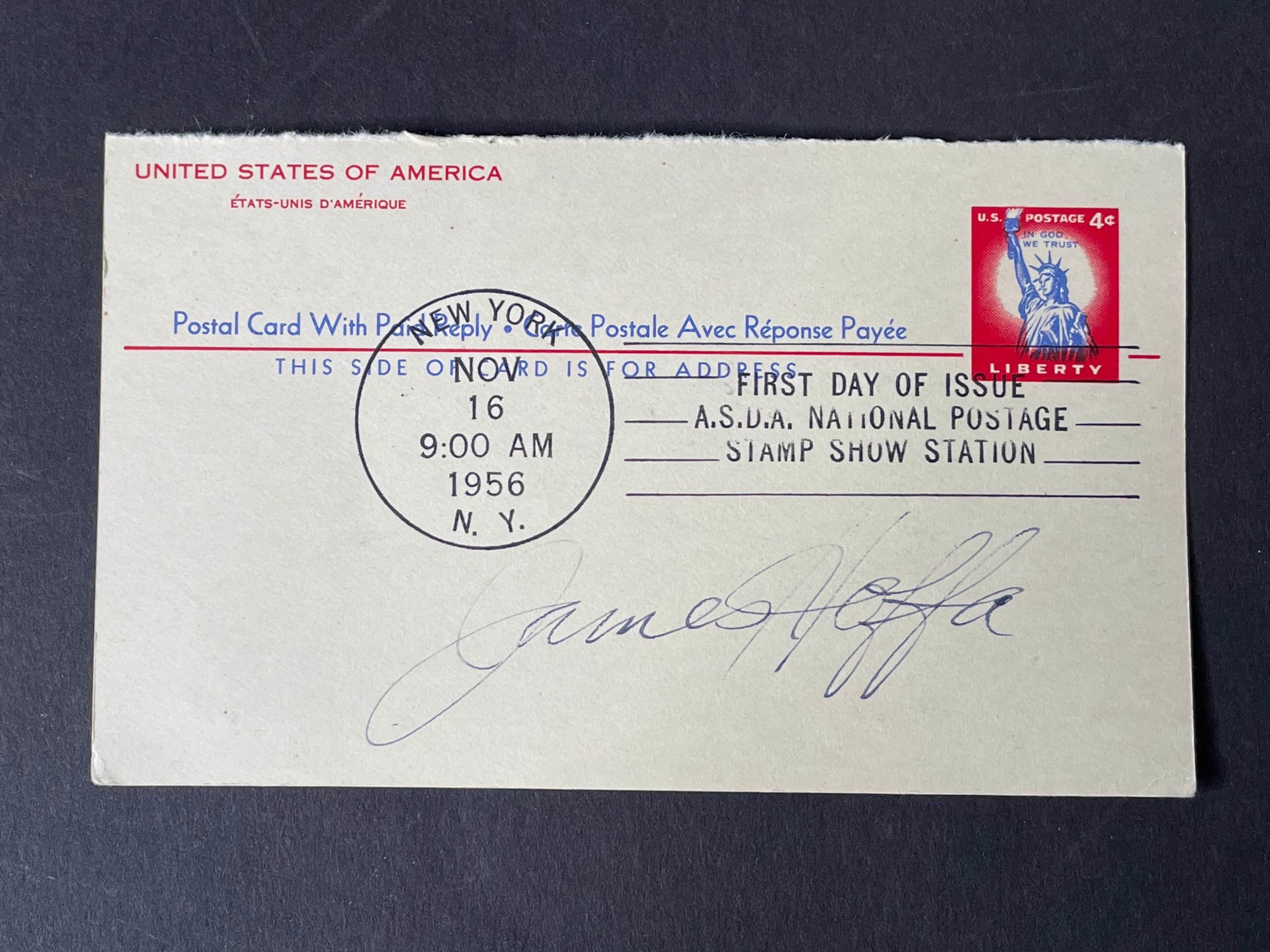 Jimmy Hoffa Signed 1956 Postcard NYC Teamsters Union