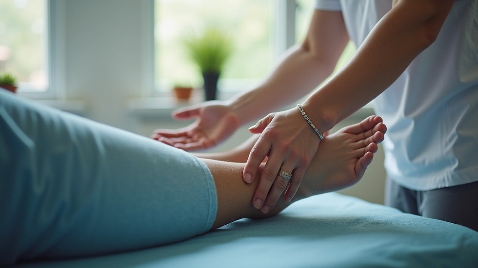 Close-up view of a physical therapist guiding a patient’s leg stretch