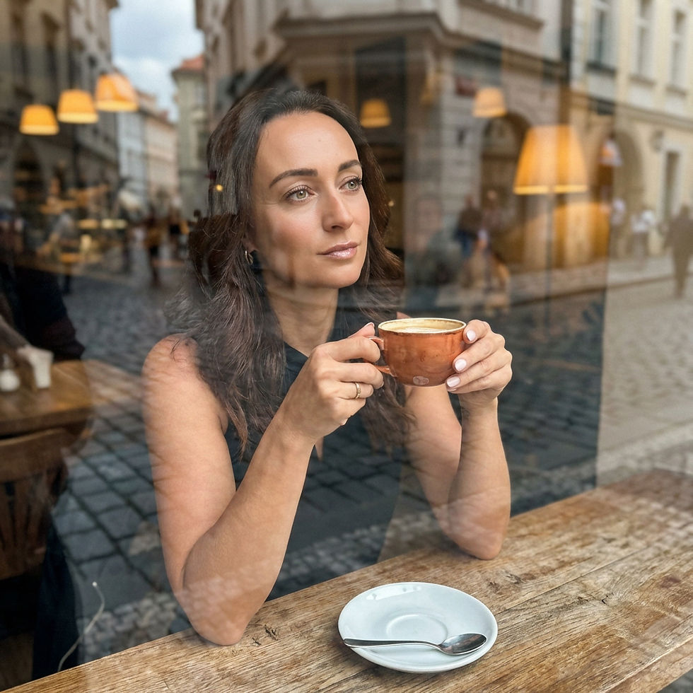 Žena s kávou u okna kavárny, autentický business portrét v městském prostředí