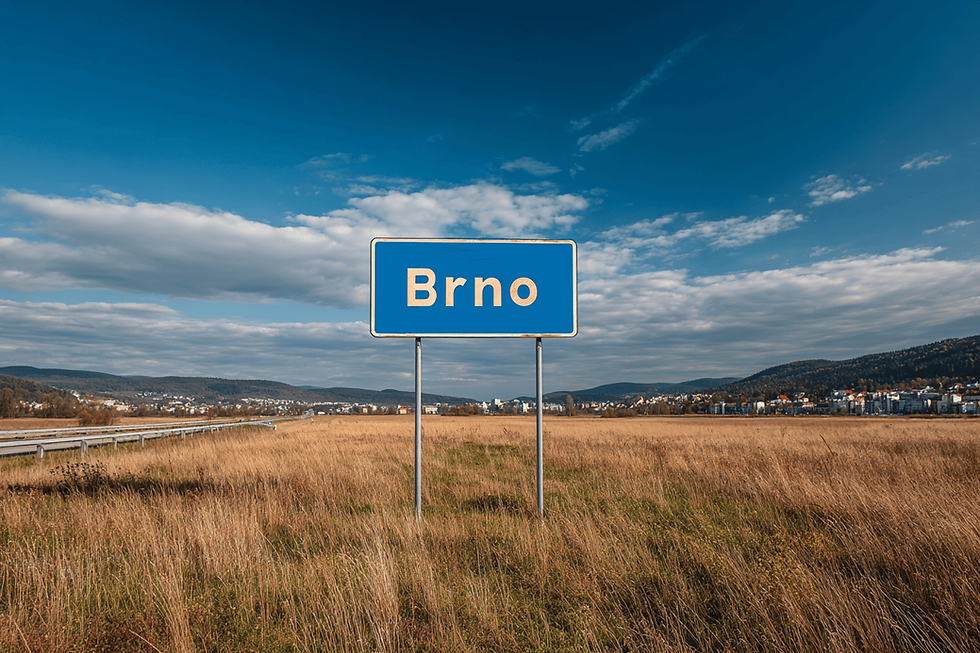 Dopravní značka „Brno“ u silnice s výhledem na město a okolní krajinu — symbol lokálního SEO a cílení na konkrétní oblast.