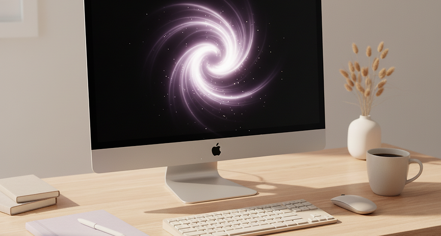 Apple monitor with spiral galaxy design, keyboard, mouse, notebook, and a mug.