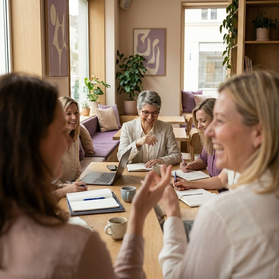 eny 40+ při živé diskusi u stolu s notebooky, sdílení zkušeností z online podnikání a AI workshopu.