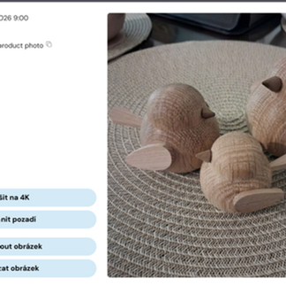 AI prompty – produktová fotografie malých dřevěných ptáčků vytvořená pomocí umělé inteligence