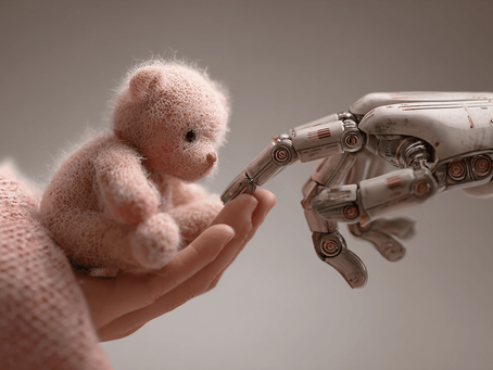 Robotická ruka se dotýká prstem malého plyšového medvídka, symbol spojení technologie a lidskosti.