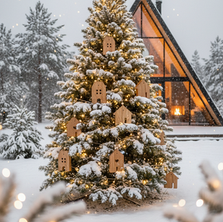 produktový vizuál dřevěných dekorací v zimní scéně vytvořený z obyčejné fotky z mobilu