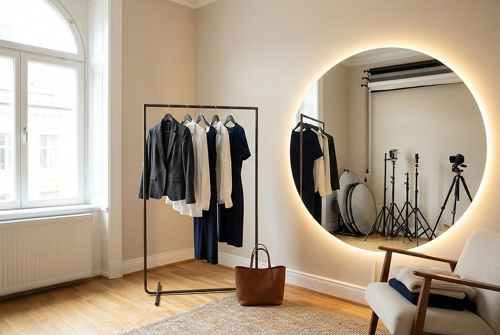 Šatna pro business focení s vybraným oblečením, zrcadlem a ateliérovým zázemím