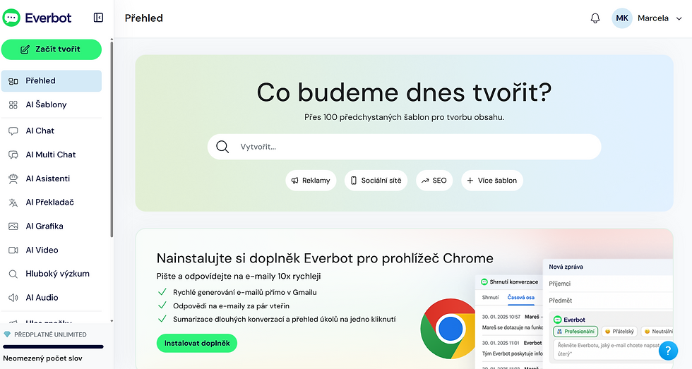 Ukázka práce s AI nástrojem Everbot – jednoduché zadání a klidná tvorba textu