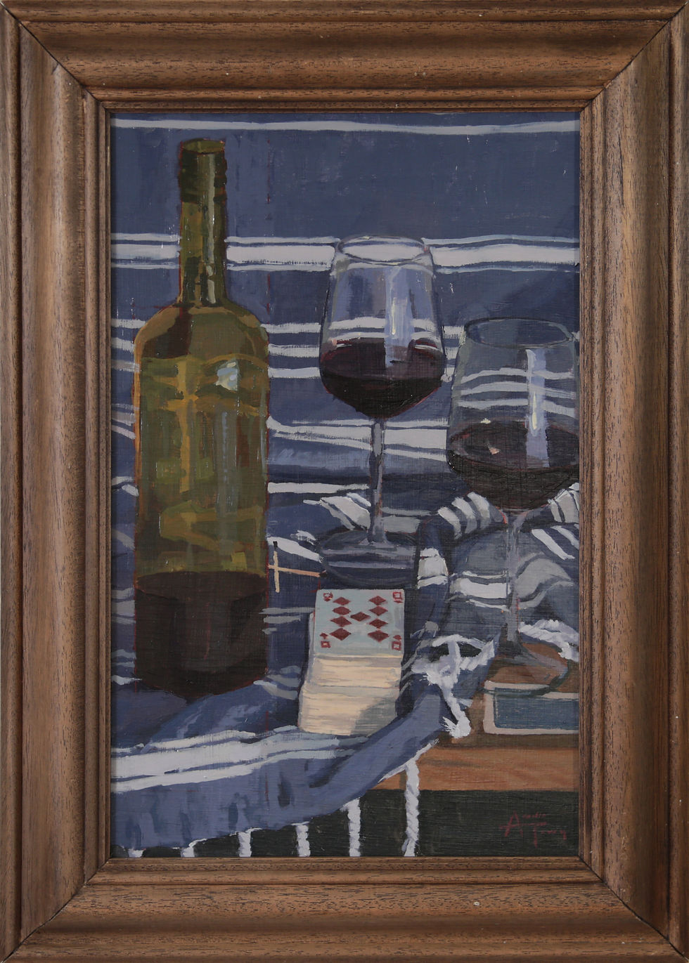 Wine Bottle and Blue Striped Tablecloth, original painting