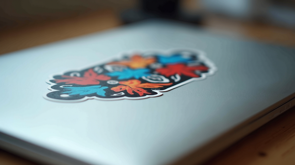 Close-up view of a colorful custom vinyl decal sticker on a laptop