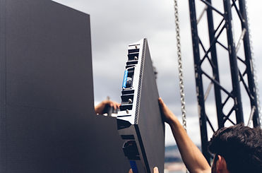 Setup phase a LED LCD wall or stage panel. Display system for concerts, with visible front