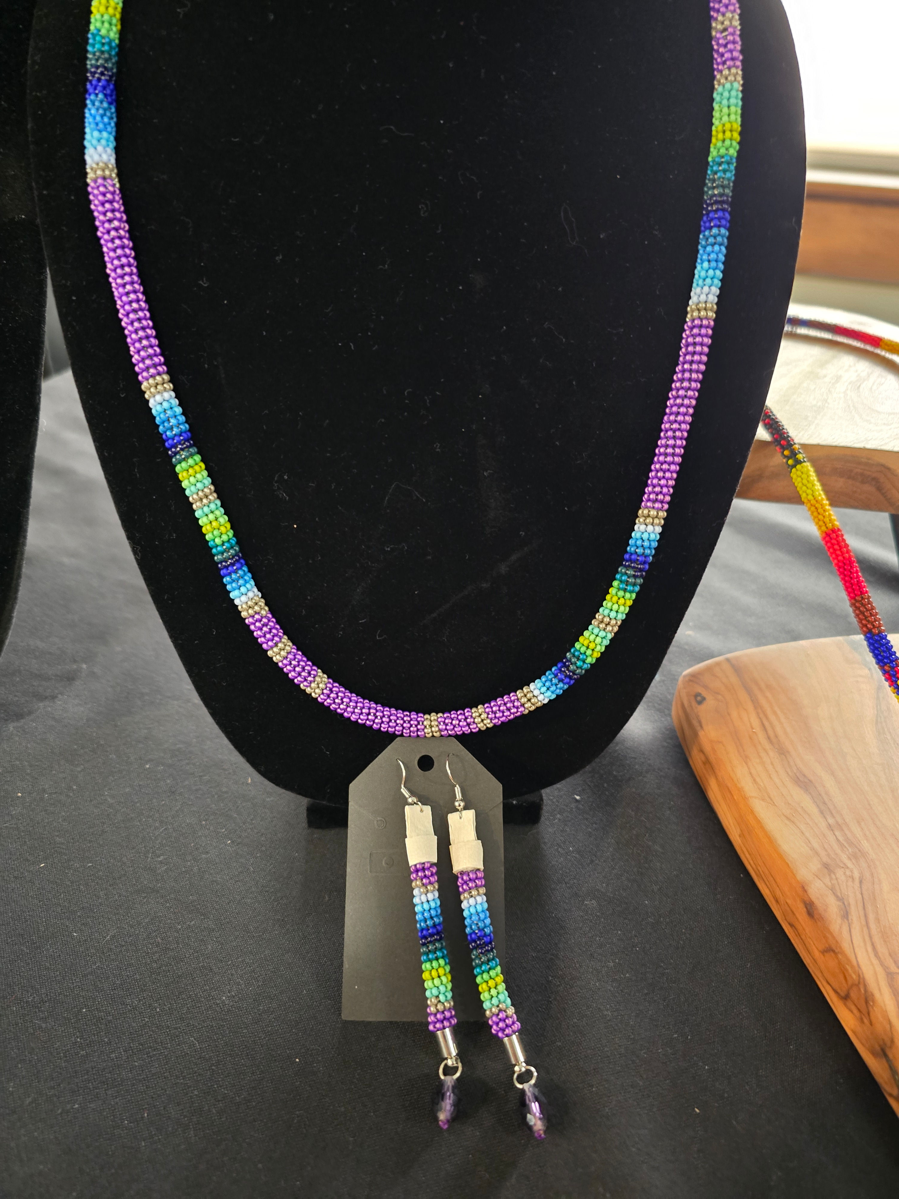 Native made purple beaded necklace and earring set 