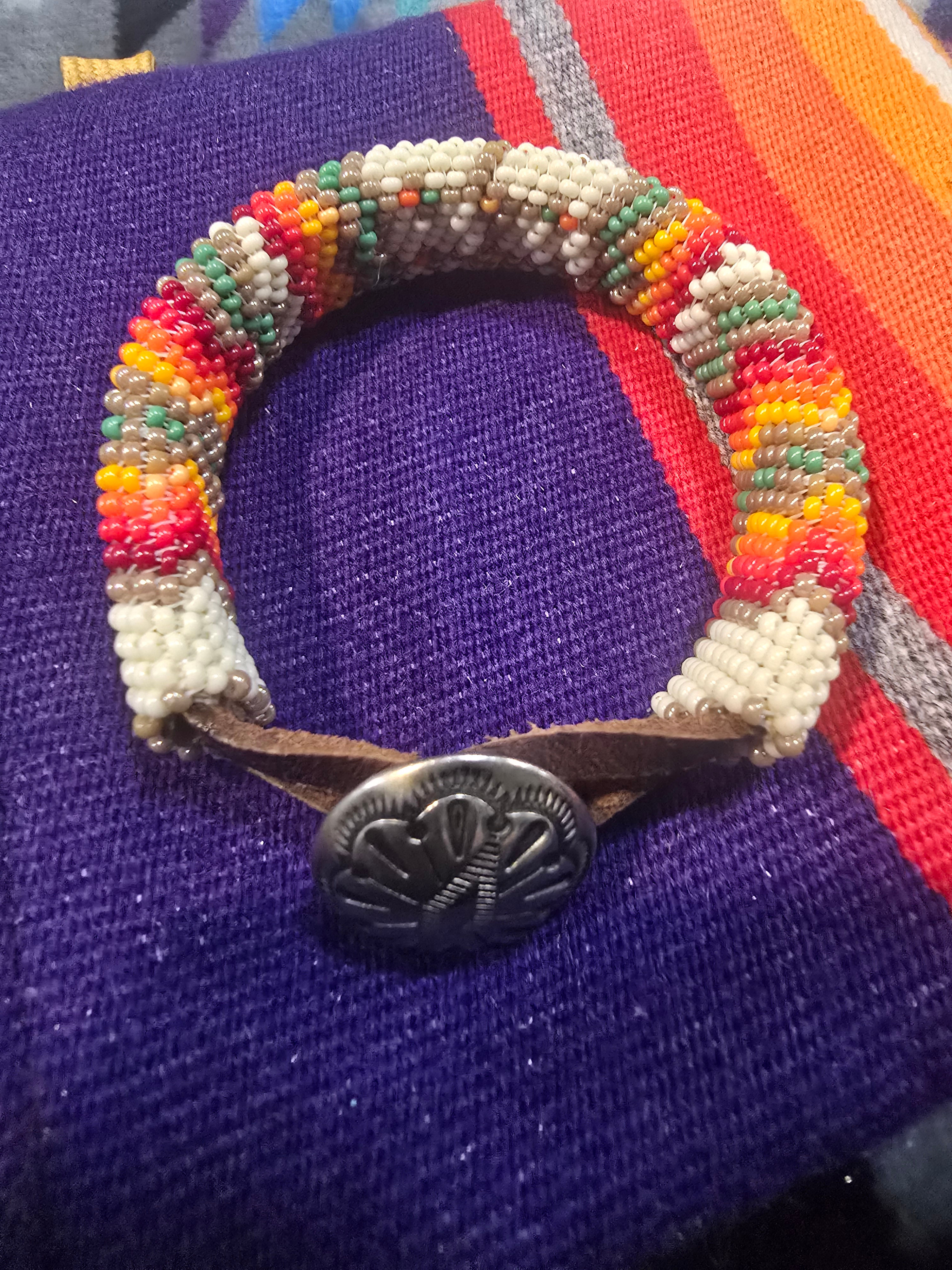 Beaded peyote stitch bracelet. Osage made.