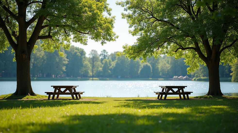 Eye-level view of a serene lake with picnic tables and green trees