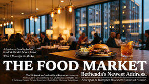 Cinematic interior shot of The Food Market restaurant on the ground floor of Hampden House in downtown Bethesda, Maryland.