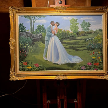 garden wedding theme live painting in a frame in destination wedding in Ireland