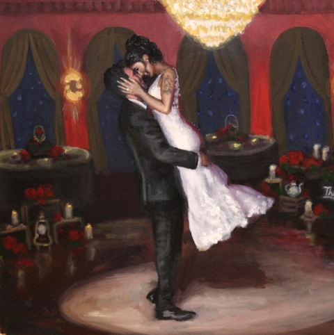 a live painting at the Marion in Cinnaminson NJ first dance shot painting by live painter NJ beautiful bride being lifted in first dance captured by New Jersey live wedding painter luxury wedding planner NYC Painter Cody Rounds