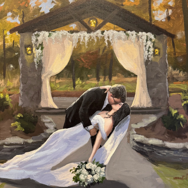 A bride and groom kiss in a forest wedding at Woodsgate, Stroudsmoor Country Inn, Poconos Wedding Venue live painter Poconos Pennsylvania live painter Philadelphia live painter
