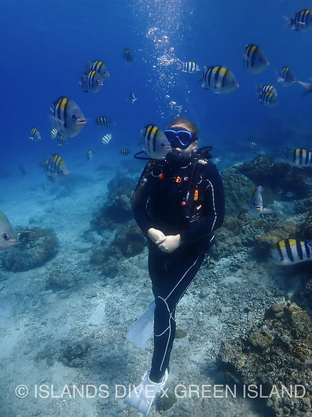 Lizzie, sub diving, surrounded by striped fish
