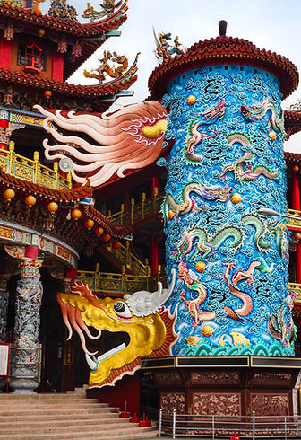 An ornately decorated dragon staircase at Gangtian Temple in Hualien.