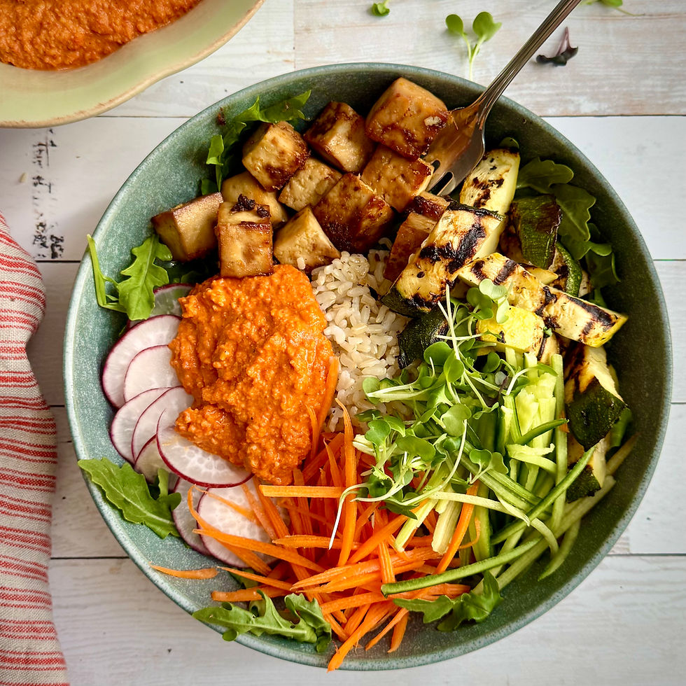 Easy Romesco Sauce in a grain bowl