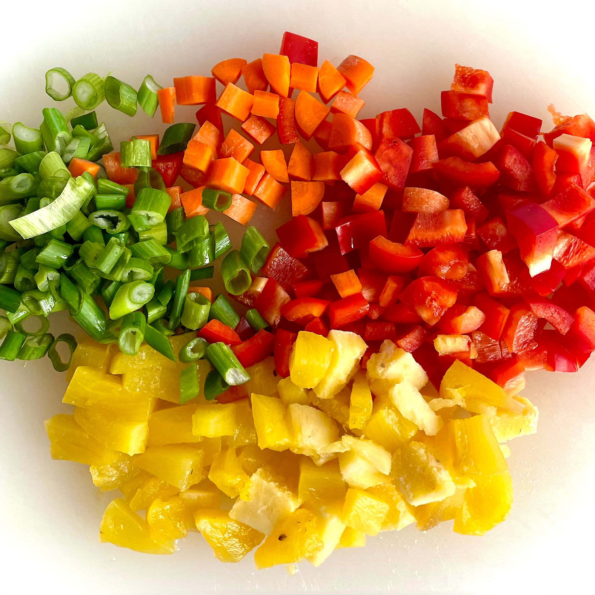 Chopped vegetables, pineapple