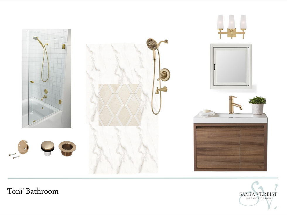 Orange County bathroom interior design mood board with various bathroom fixtures