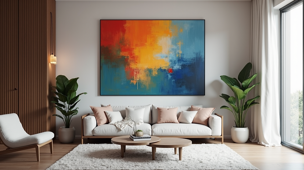 Eye-level view of a contemporary abstract painting with vibrant colors
