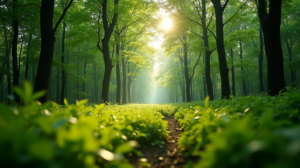Eye-level view of a lush green forest with sunlight filtering through the trees