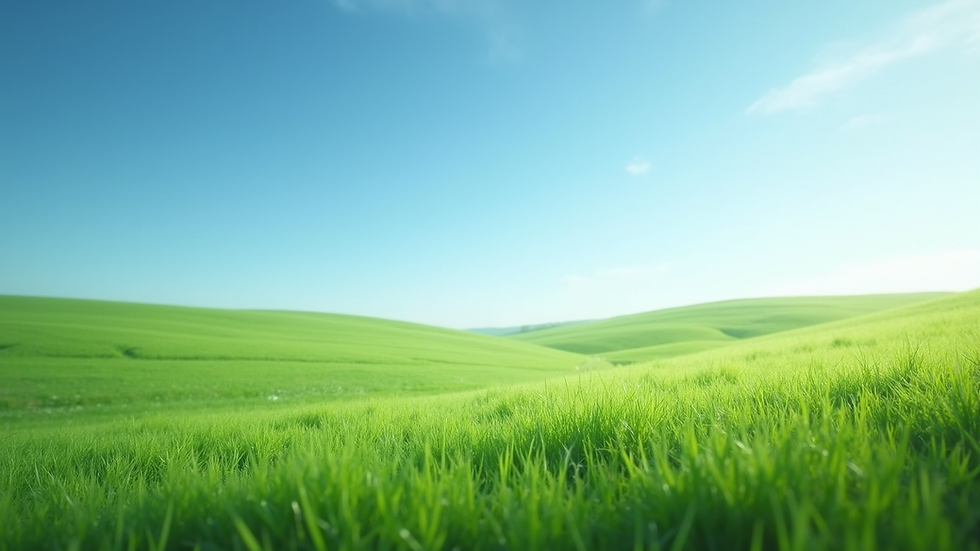 Wide angle view of a lush green landscape with a clear blue sky