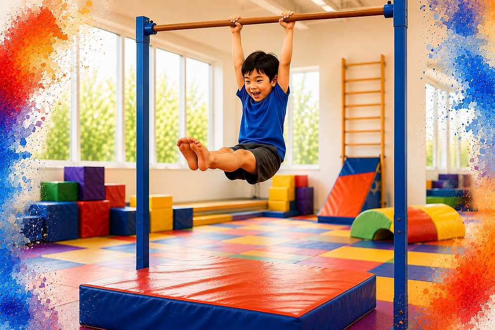 A young boy hanging on a gymnastics bar in a gym.