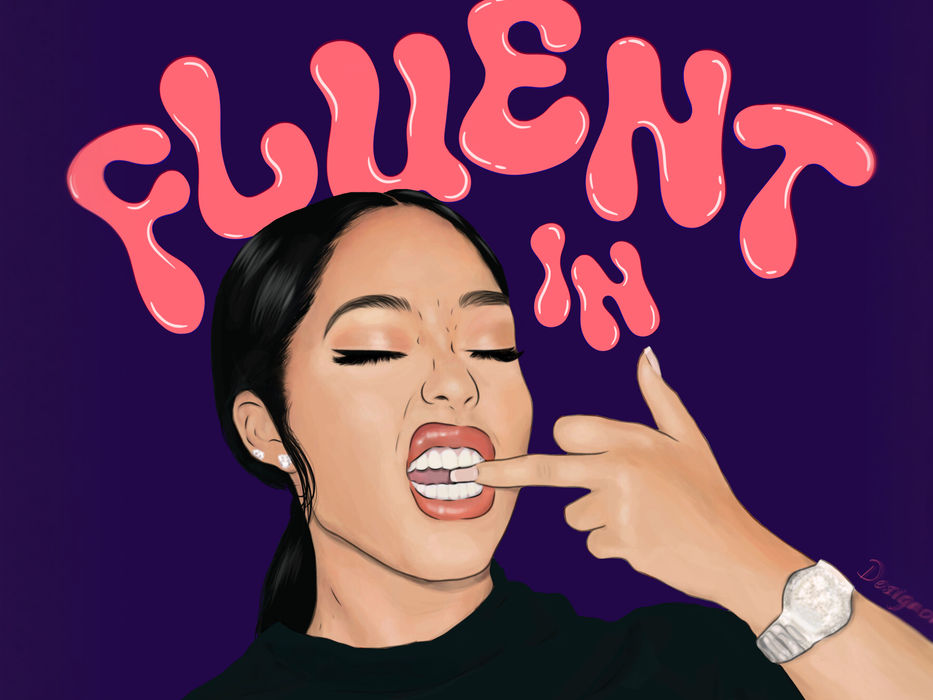 A illustration of a girl with curvy, round bubble text around her