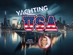 Yachting USA podcast thumbnail showing a superyacht in front of a night city skyline, with the title “Yachting USA” and a guest portrait of Cherise Reedman.