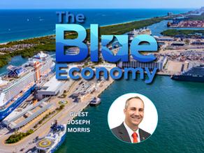 Aerial view of Port Everglades in Fort Lauderdale with cruise ships, cargo terminals, and waterways, featuring The Blue Economy branding and guest Joseph Morris