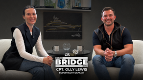 Alicia Store of dsnm Ltd seated with Superyacht Captain Olly Lewis for On The Bridge, with Yachting International Radio branding and episode artwork discussing charter pressure, crew leadership and command at sea.