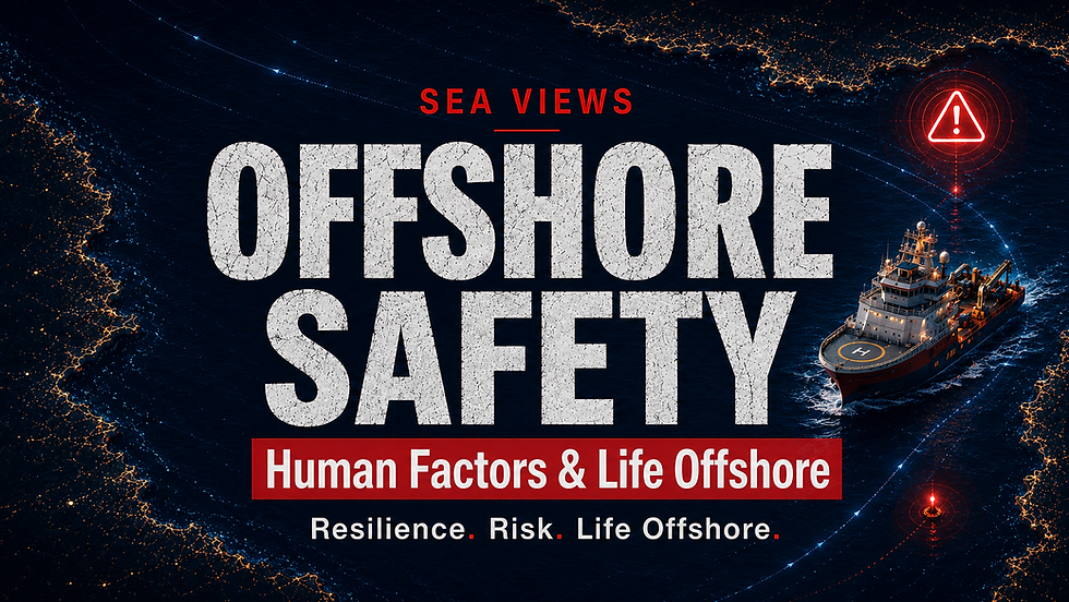 Sea Views editorial image with the headline Offshore Safety over a dark navy ocean navigation map, featuring glowing coastal outlines, a red maritime risk alert, an offshore support vessel at sea, and the subtitle Human Factors & Life Offshore.