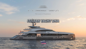 Rossinavi superyacht at sea during sunset with the Rossinavi logo, Yachting USA branding, and the title Italian Yacht DNA, used for a Yachting International Radio editorial on Italian yacht building, full-custom superyachts, luxury design, and innovation.