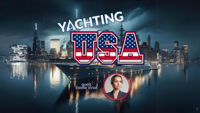 Yachting USA thumbnail showing a superyacht in front of a New York skyline with guest Estelle Viriot, founder of SEANERGY Yachting.